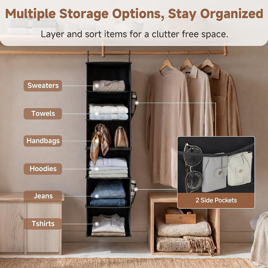 StorageWorks Hanging Closet Organizer, 6-Shelf with 2-in-1 Design, Black