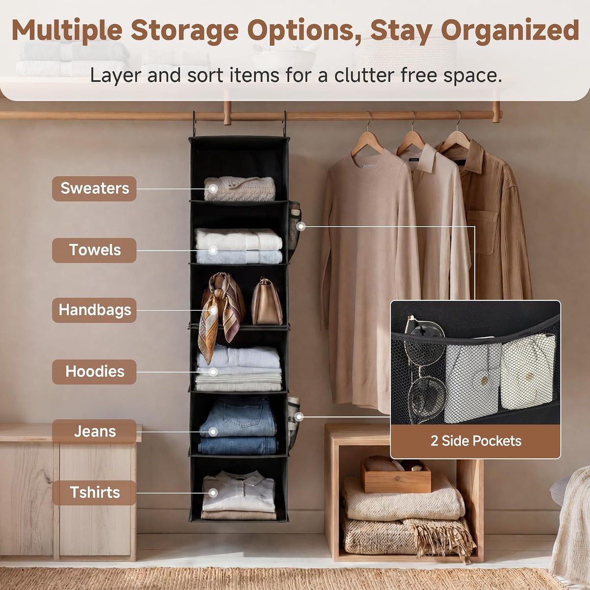 StorageWorks Hanging Closet Organizer, 6-Shelf with 2-in-1 Design, Black