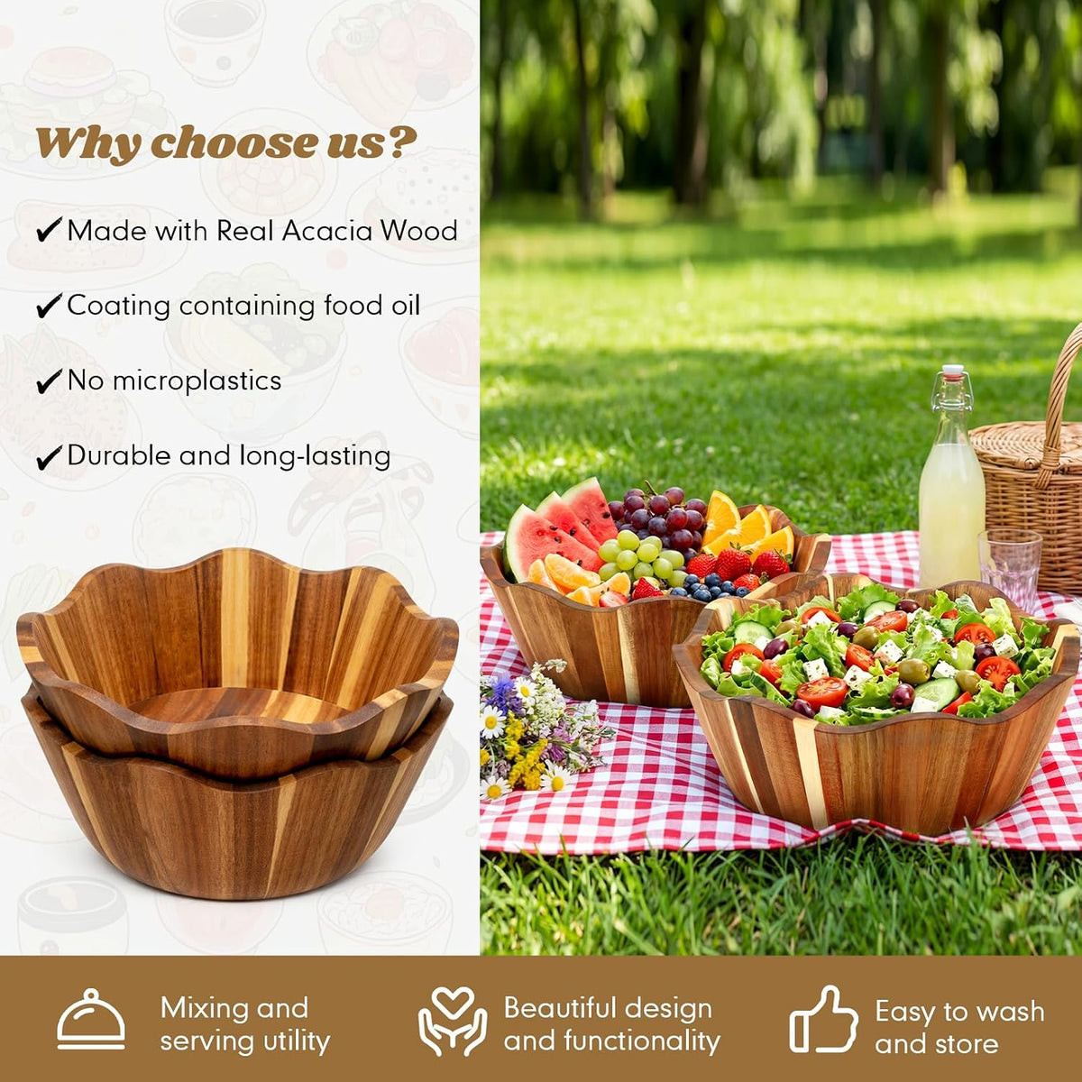 2 Pcs Scalloped Decorative Wooden Bowl 12 Inch Acacia Wood Fruit & Serving Bowl Handcrafted Rustic Decorative Bowls for Fruit, Salad, Snacks and Home Kitchen Counter Decor Wedding Decor