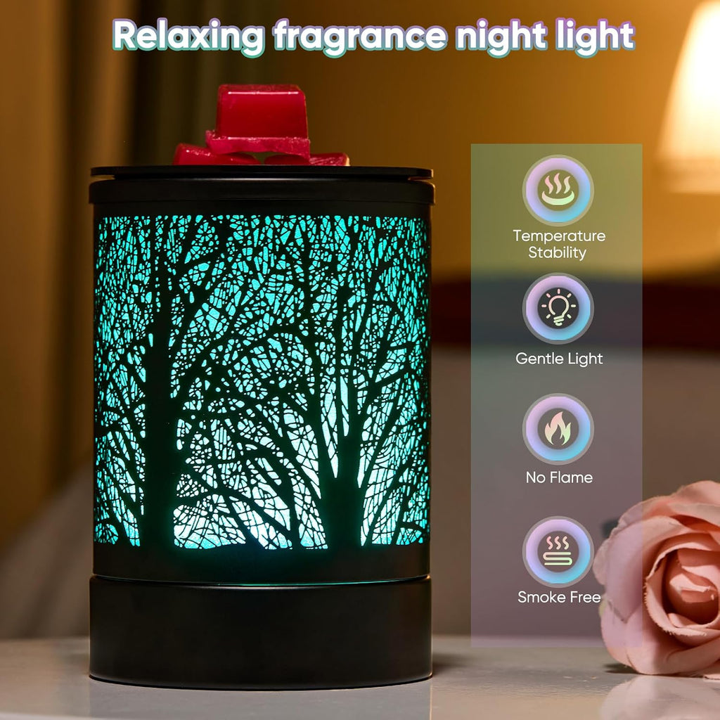 Enaroma Fragrance Wax Melts Warmer with 7 Colors LED Changing Light Classic Black Forest Design Scent Oil Candle Warmer for Home Black Tree Timer