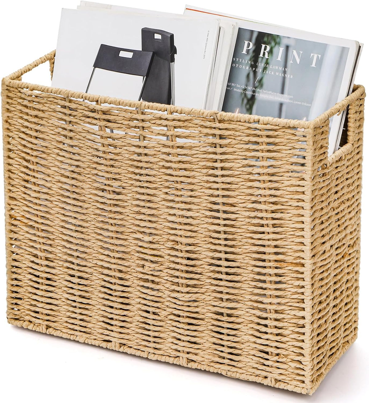Woven Magazine Holder, Book Basket with Built-in Handles