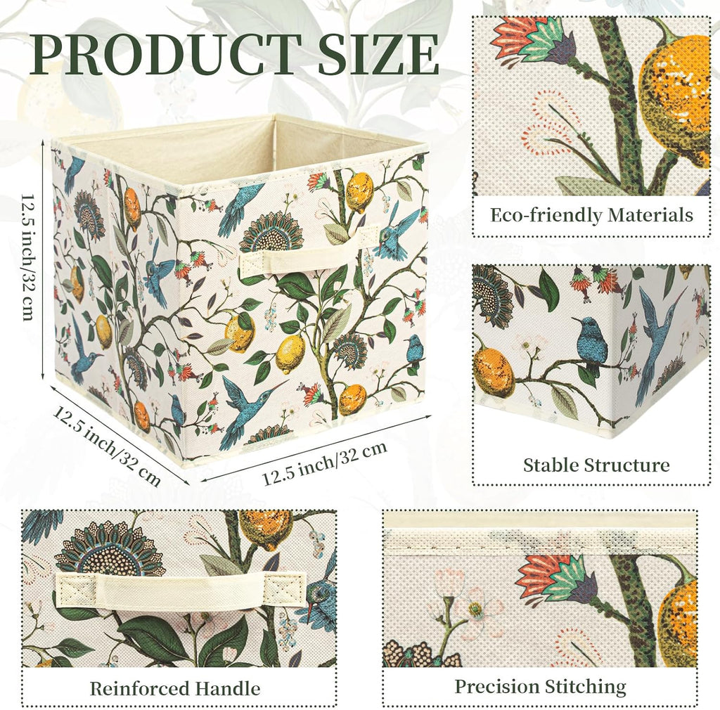 BBSET 6 Pcs Birds Flora Boho Cube Storage Bins 12.5 inch with Handle