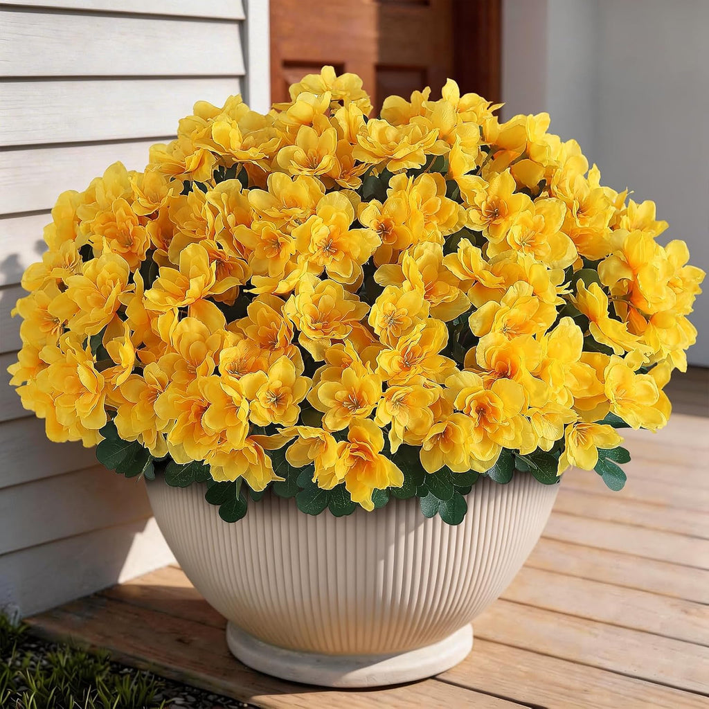 8 Bundles 16" Artificial Azalea Flower Bouquet for Front Door(Yellow)