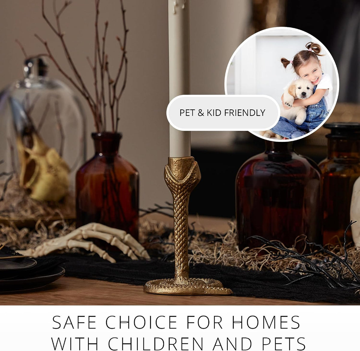 Luminara - Taper Candle Holder Compatible with Luminara Flickering Moving Flame Battery Operated Taper Candles Décor & Gift - Wrought Iron Antique Design Snake, Vintage Brass, (4.75” x 6.25”)