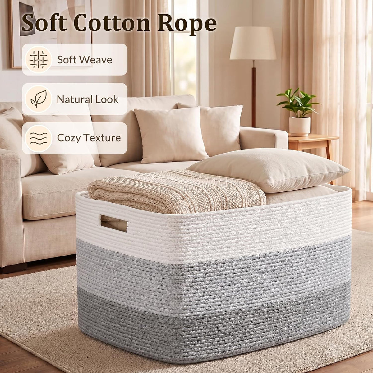 OIAHOMY 108L Super Large Blanket Basket, 25”x16”x16”(108L) Rectangle Woven Baskets for Storage, Cotton Rope Basket For Living Room, Toy Storage with Handle - Gradient Grey