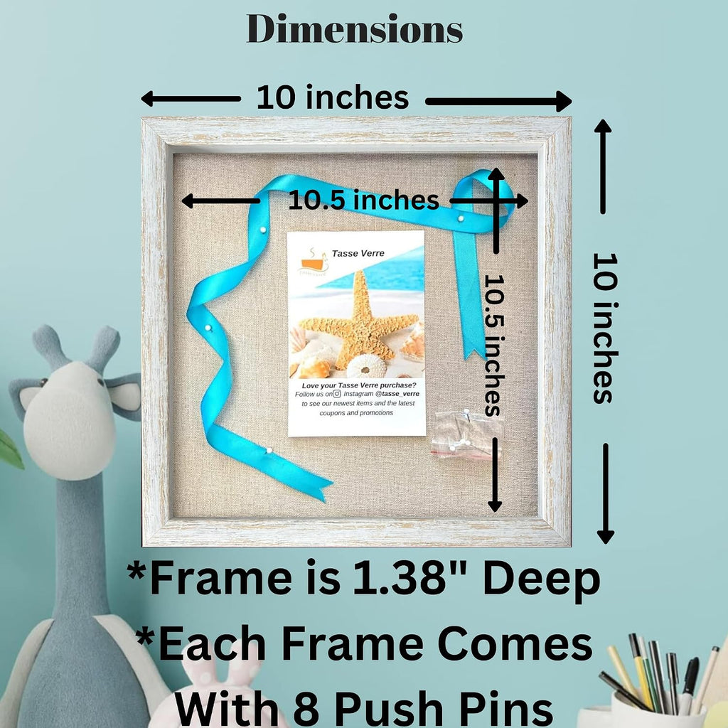 Tasse Verre 10x10 Rustic Display Shadow Box (1-Pack) Frame w/Linen Background and 8 Stick Pins - Ready to Hang Shadowbox Picture Frame - Box Display Baby Memorabilia Wedding