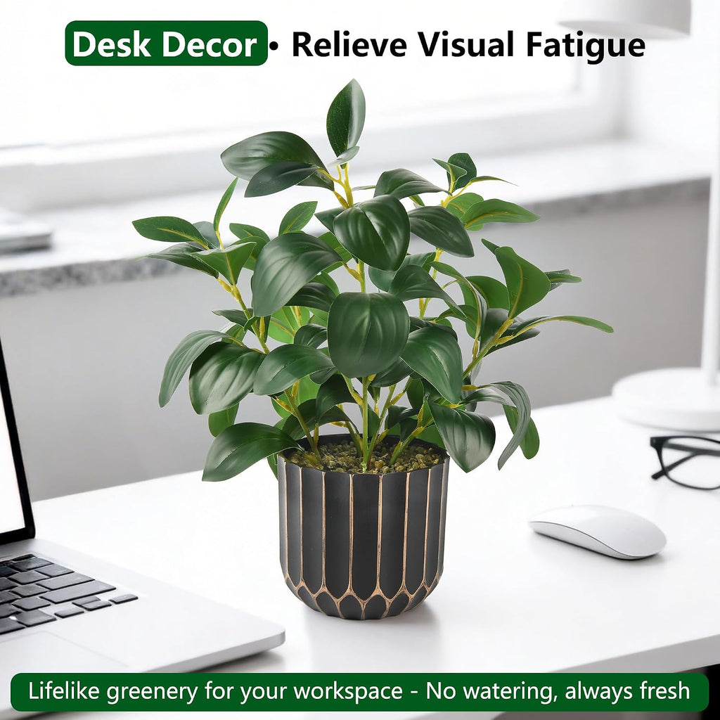 florisso Fake Plants Artificial Plants Indoor, Faux Potted Plants Indoor Artificial Succulents with Fig Leaf Look Real Greenery with Planter for Office Desk Coffee Table Home Decor(Black Gold)
