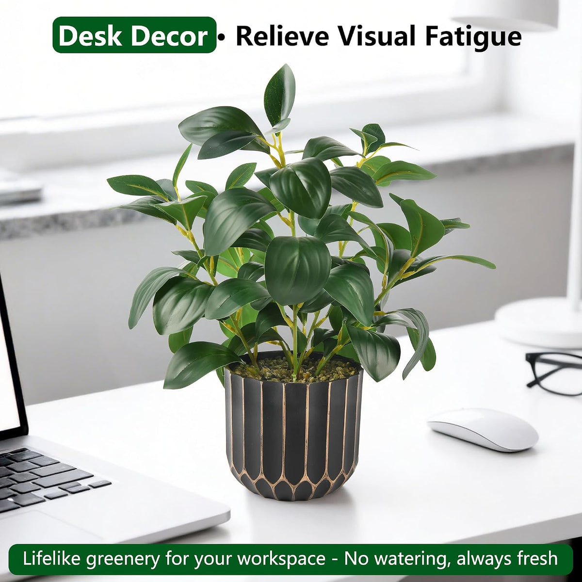 florisso Fake Plants Artificial Plants Indoor, Faux Potted Plants Indoor Artificial Succulents with Fig Leaf Look Real Greenery with Planter for Office Desk Coffee Table Home Decor(Black Gold)
