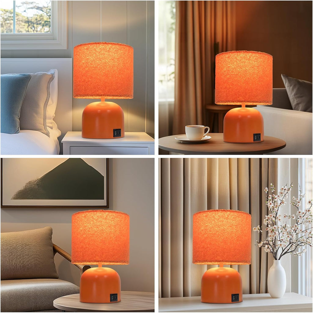 Table Lamp for Bedroom, Bedside Lamps for Nightstand, Minimalist Night Stand Light Lamp with Type-C and USB Ports, Modern Desk Table Lamp for Bedroom, Living Room, Dining Room, Office (Orange)