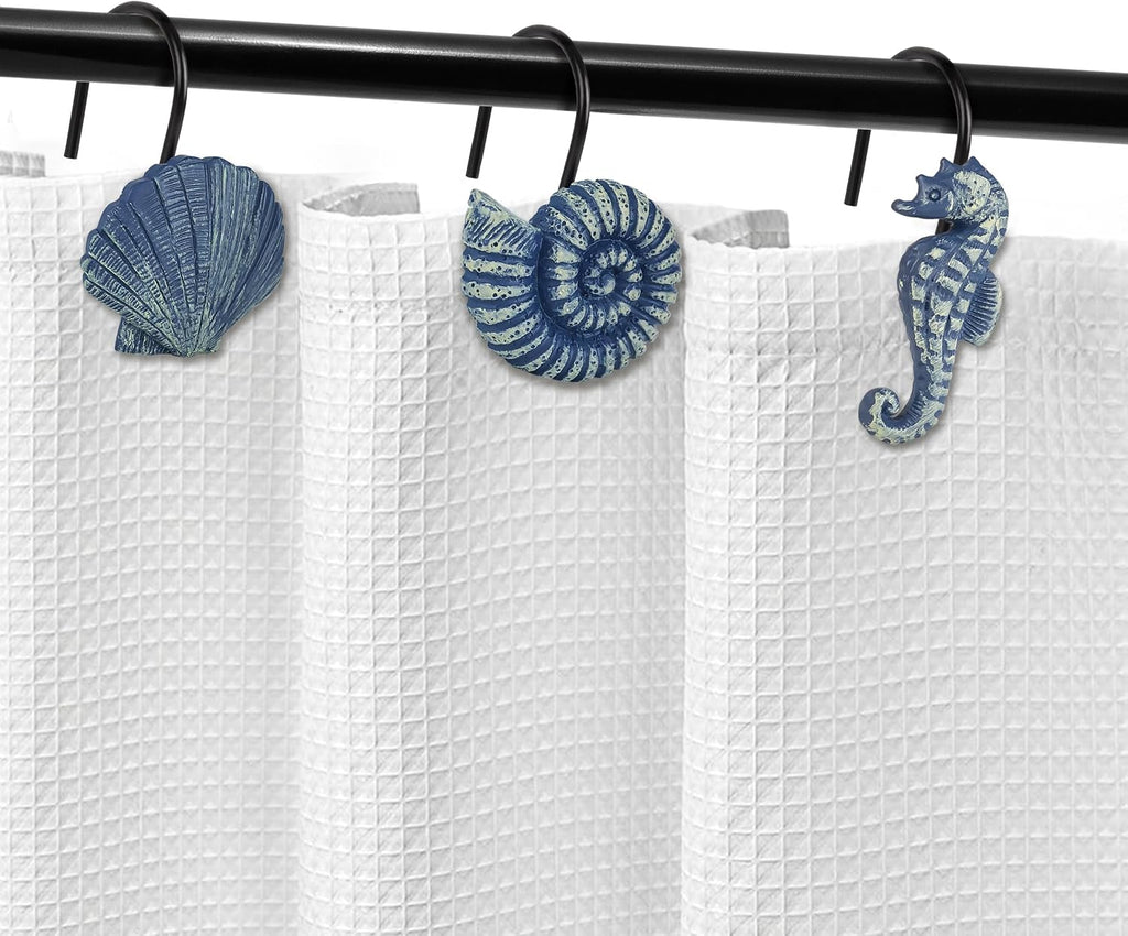 Sunlit Seashells Decorative Shower Curtain Hooks, Blue Ocean Creatures Coastal Shower Curtain Rings with Black Hooks, Resin, Nautical Bathroom Decoration Beach Shower Curtain Hooks, Set of 12