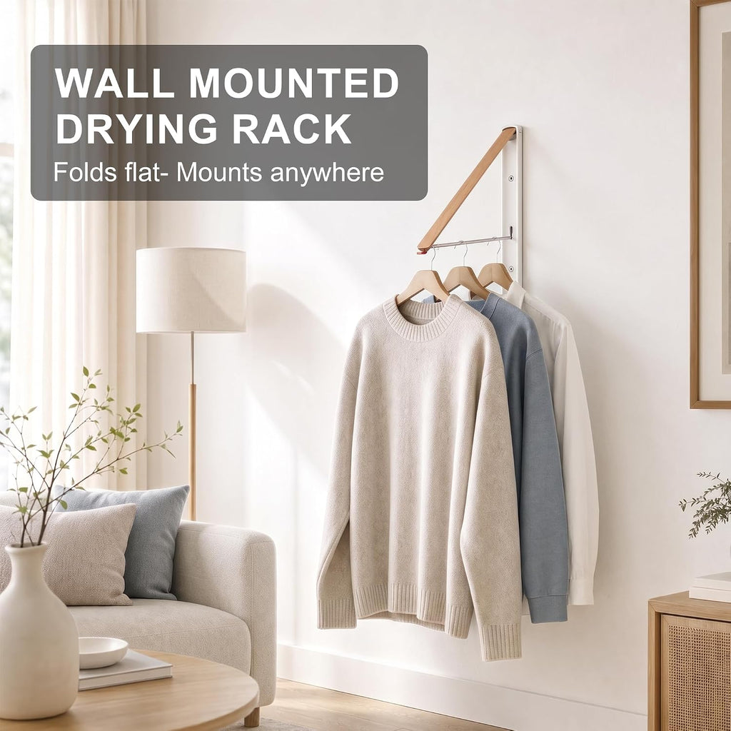 LEQ Clothes Drying Rack Wall Mounted, Foldable Laundry Drying Rack with Wood-Tone Aluminum Frame, Rustproof Retractable Clothes Hanger for Small Laundry Room, Bathroom, Balcony,White