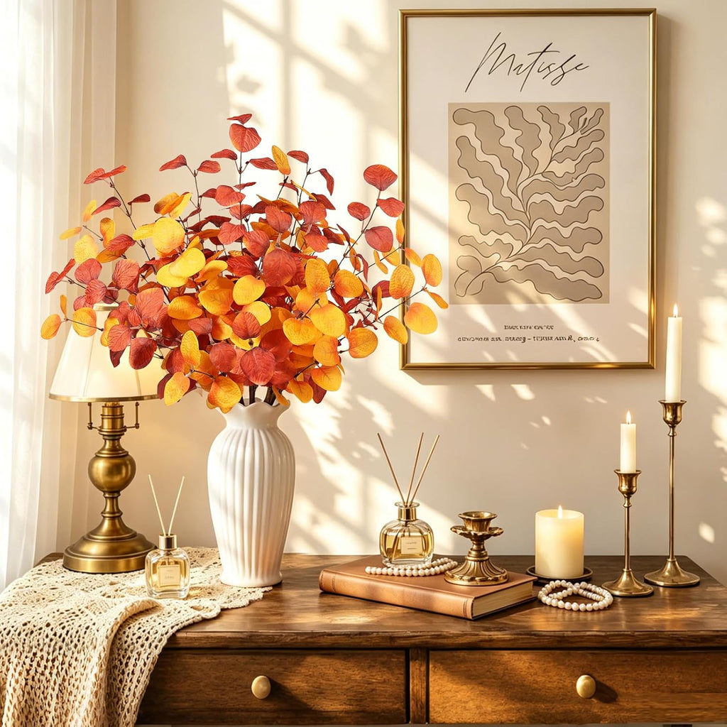 Beferr Fall Eucalyptus Stems Decor, 5Pcs 23" Artificial Eucalyptus Branches Autumn Leaves Fake Plants Floral Arrangements Thanksgiving Farmhouse Home Table Decorations