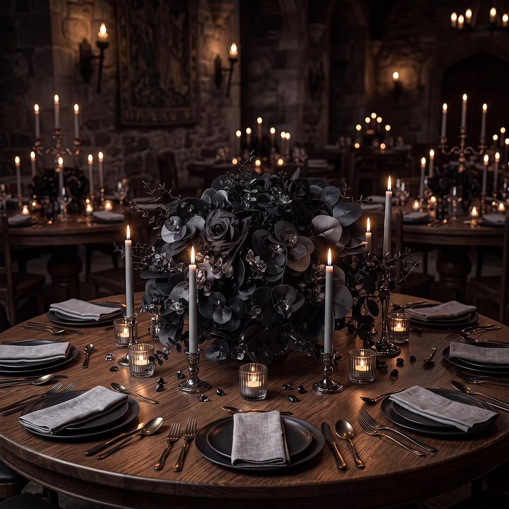 120 Pcs Black Artificial Eucalyptus Stems and Faux Flowers, Halloween