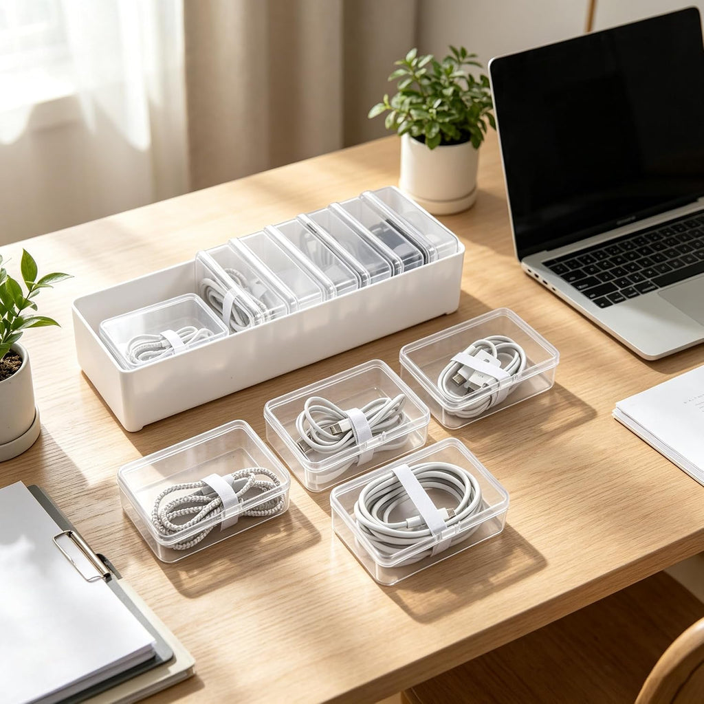 11 Compartment Cable Organizer Box – Clear, with Switch Access, Cable Straps & Labels – Cord Management Storage for Charging, USB, Power Cords, Earphones & Stationery – for Desk, Home, Office & Travel