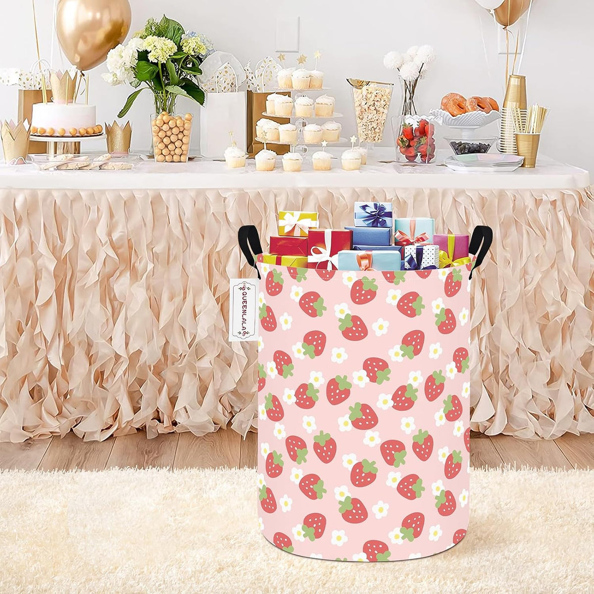 Foldable Waterproof Round Fabric Laundry Basket Home, Pink Strawberry