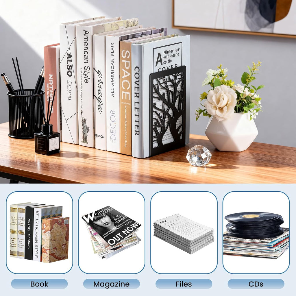 JIANTA Tree Design Metal Bookends, 2 Pairs Decorative Book Ends