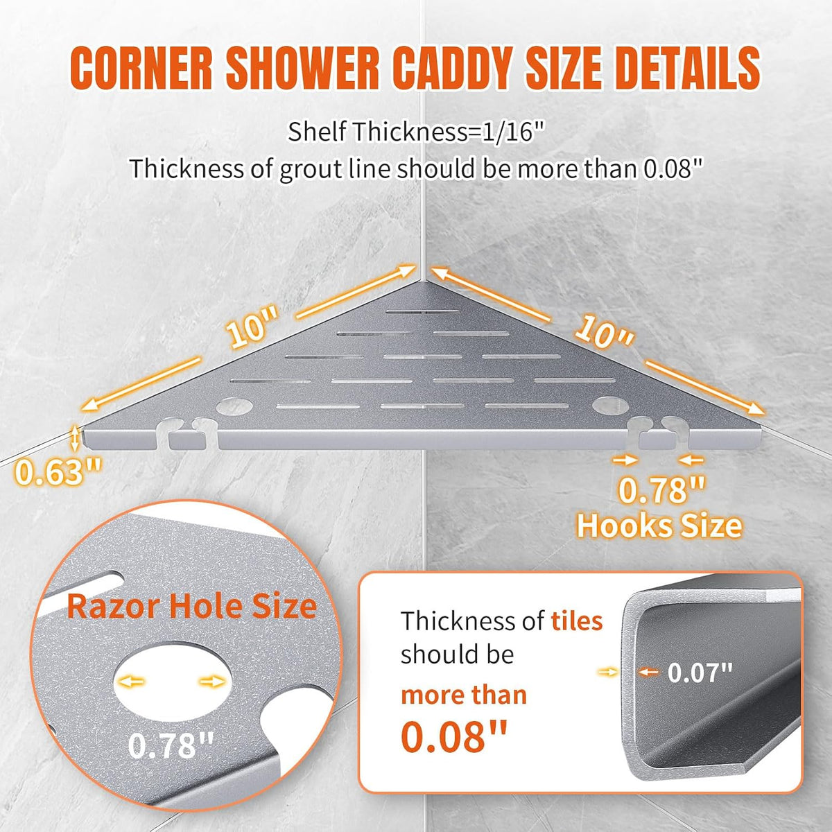 Shower Corner Shelf Organizer Rack with Hooks & Razor Hole, 2Pack-Silver