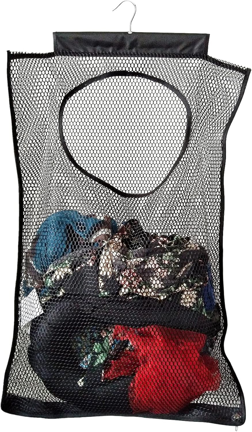 Hanging Mesh Laundry Hamper (30in*20in*2in) Large Dirty Clothes Bag, Can Be Used Behind The Door & Closet & Caravan& Bathroom (Black)