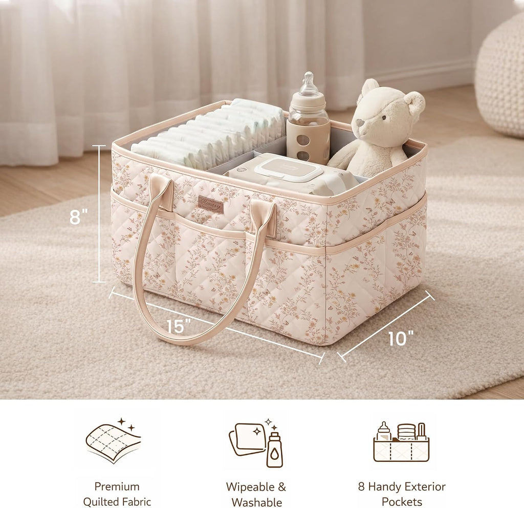 Konssy Baby Diaper Caddy Organizer, Floral Design with PU Leather Handles