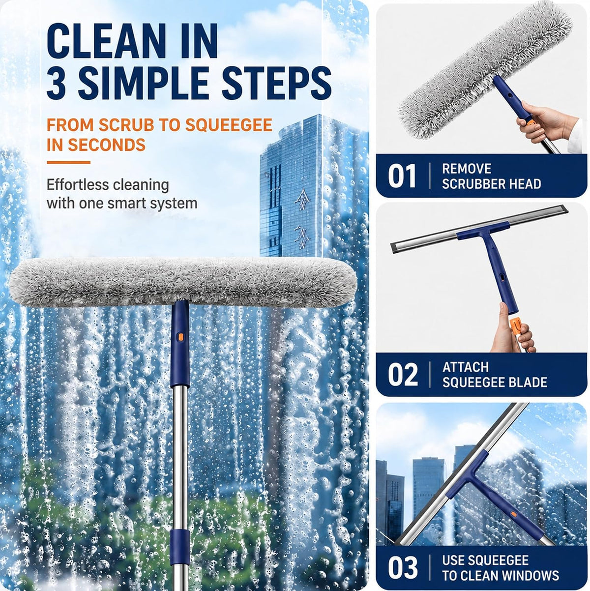 Window Squeegee Kit with Pole and Scrubber, (16" Kit)