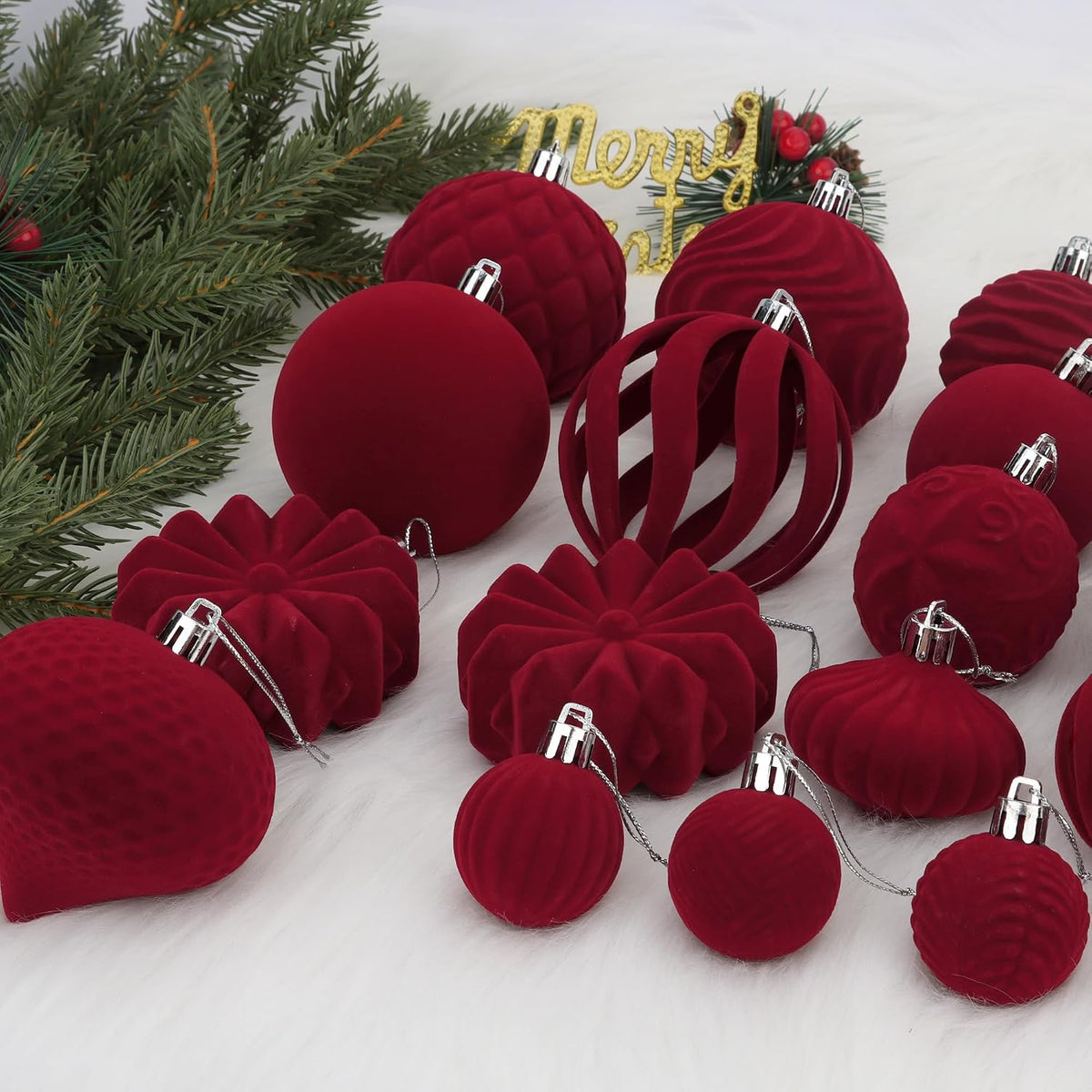 47 Pcs Velvet Christmas Ball Ornaments, Burgundy, 3 Sizes, Mixed Shapes