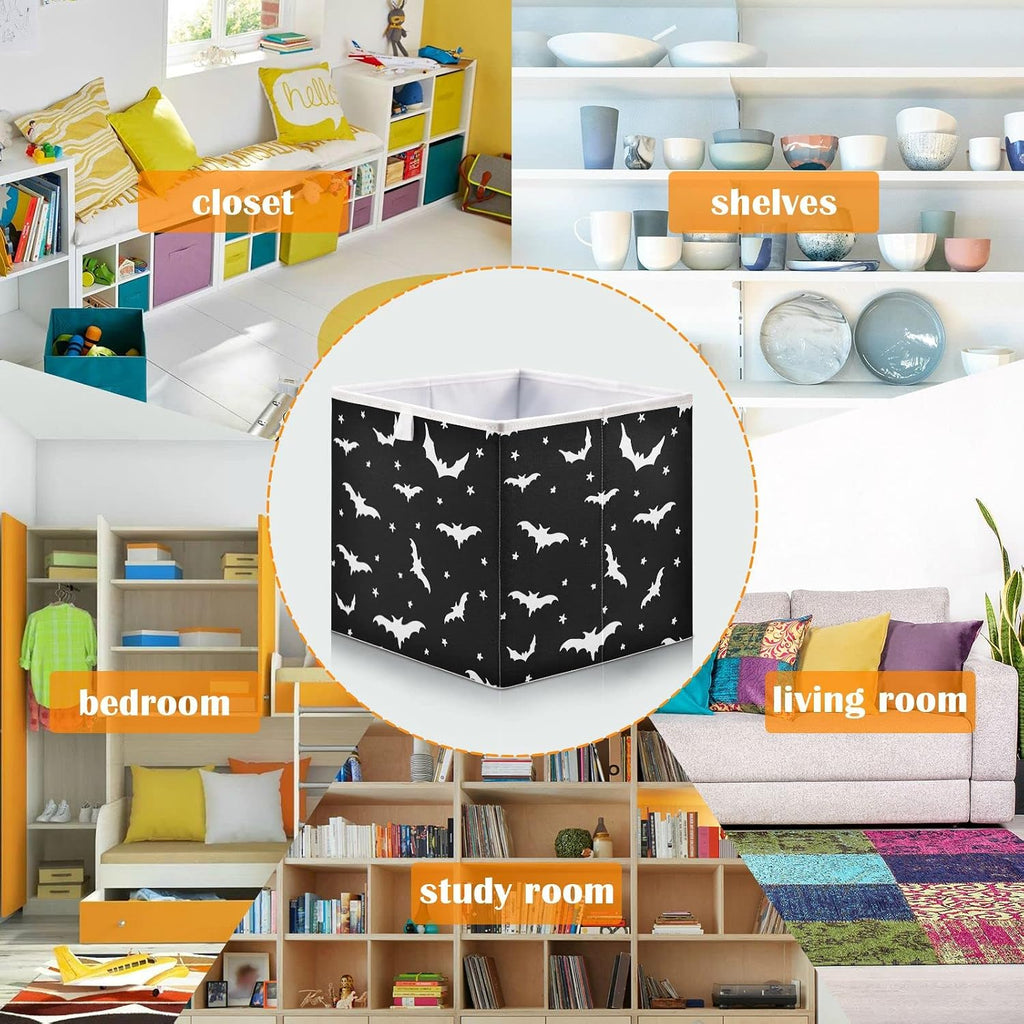 CaTaKu Bats Star Black Cube Storage Bins for Organization, Rectangular Fabric Storage Cubes Storage Bins for Cube Organizer Foldable Storage Baskets for Shelves Living Room