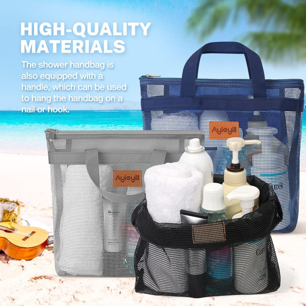 3 Pcs Portable Mesh Shower Caddy Tote, Quick Dry Tote Bag Mesh Beach Bags for Women, Hanging Toiletry and Bath Organizer for Travel Swimming Sports Gym Camp Shopping College Dorms (Black Gray D Blue)