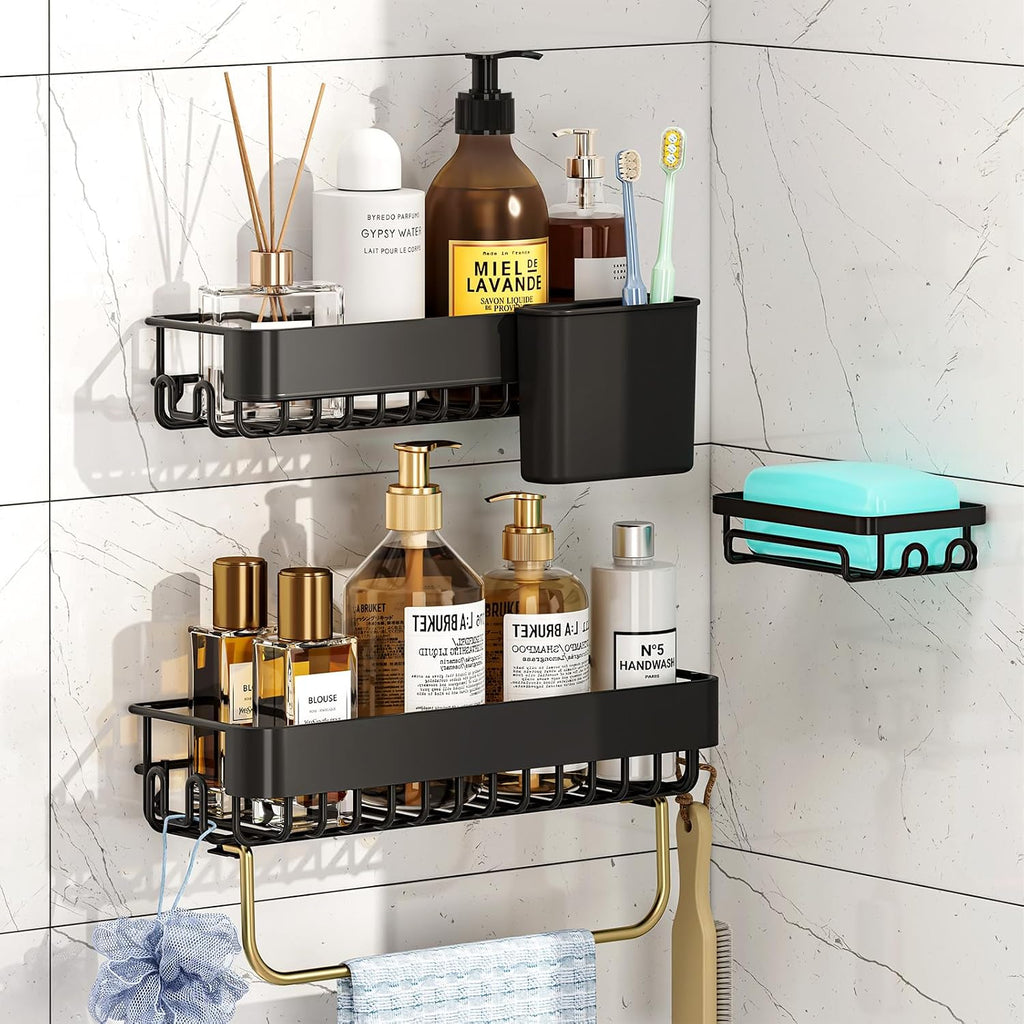 KINGRACK Shower Caddy Adhesive 4-Piece Rust-Resistant Shower Shelves, No-Drill Bathroom Shower Organizer with Large Capacity for Bathroom, Kitchen, and Laundry,Black