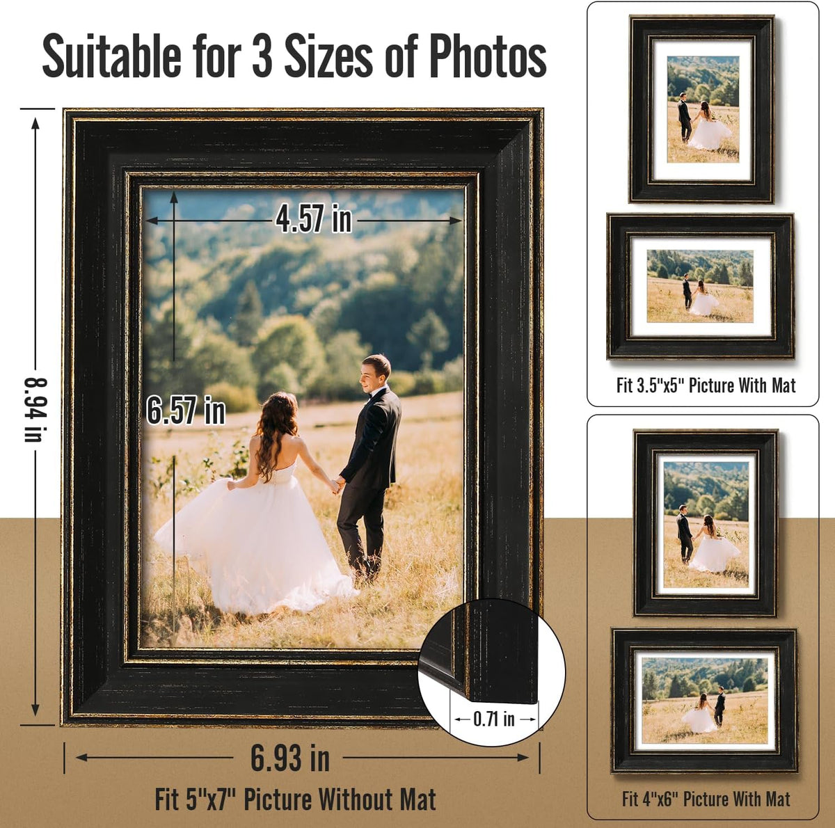 Black 5x7 Picture Frames, Set of 4, Vintage Style, with Gold Trim
