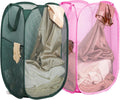 Pop Up Laundry Hamper Thick Mesh Collapsible Laundry Baskets, Large Side Pocket, Strong Handles, Travel Friendly for Cruise, RV (Green+Pink)