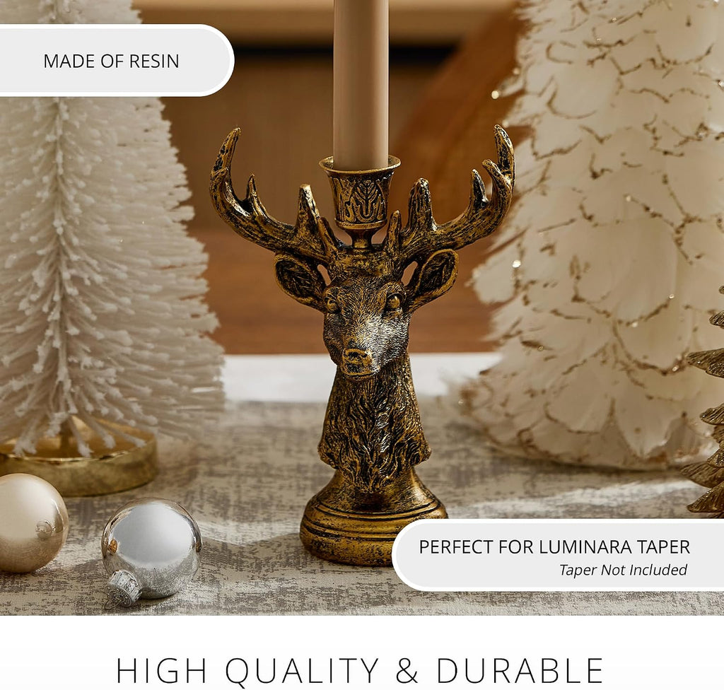 Luminara - Taper Candle Holder Compatible with Luminara Flickering Moving Flame Battery Operated Taper Candles Décor & Gift - Brass Reindeer Classic Stag (5.5" x 8")