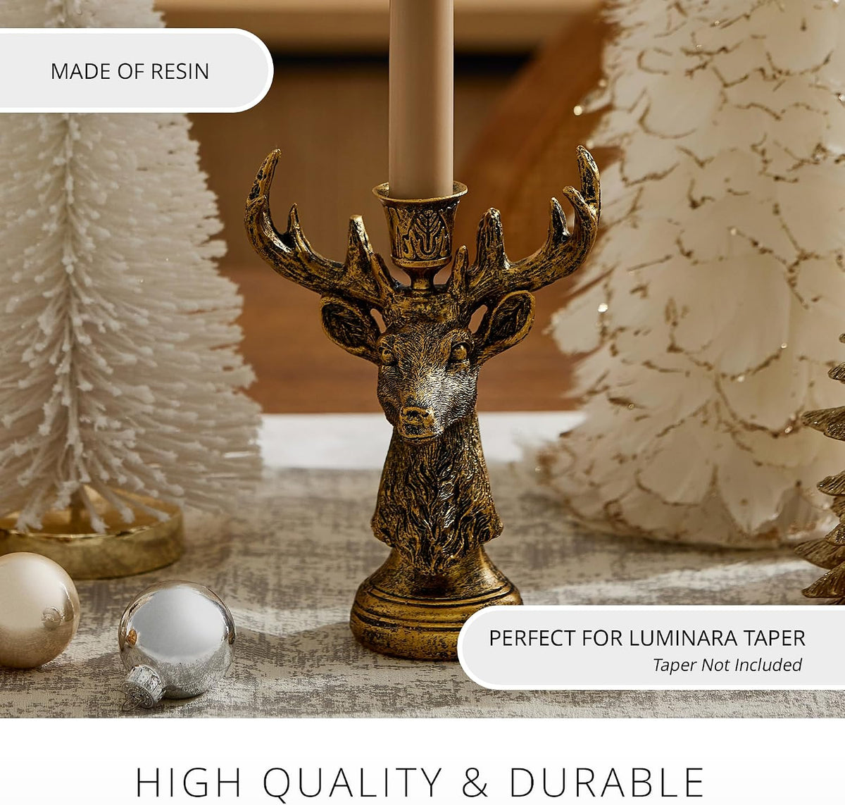Luminara - Taper Candle Holder Compatible with Luminara Flickering Moving Flame Battery Operated Taper Candles Décor & Gift - Brass Reindeer Classic Stag (5.5" x 8")