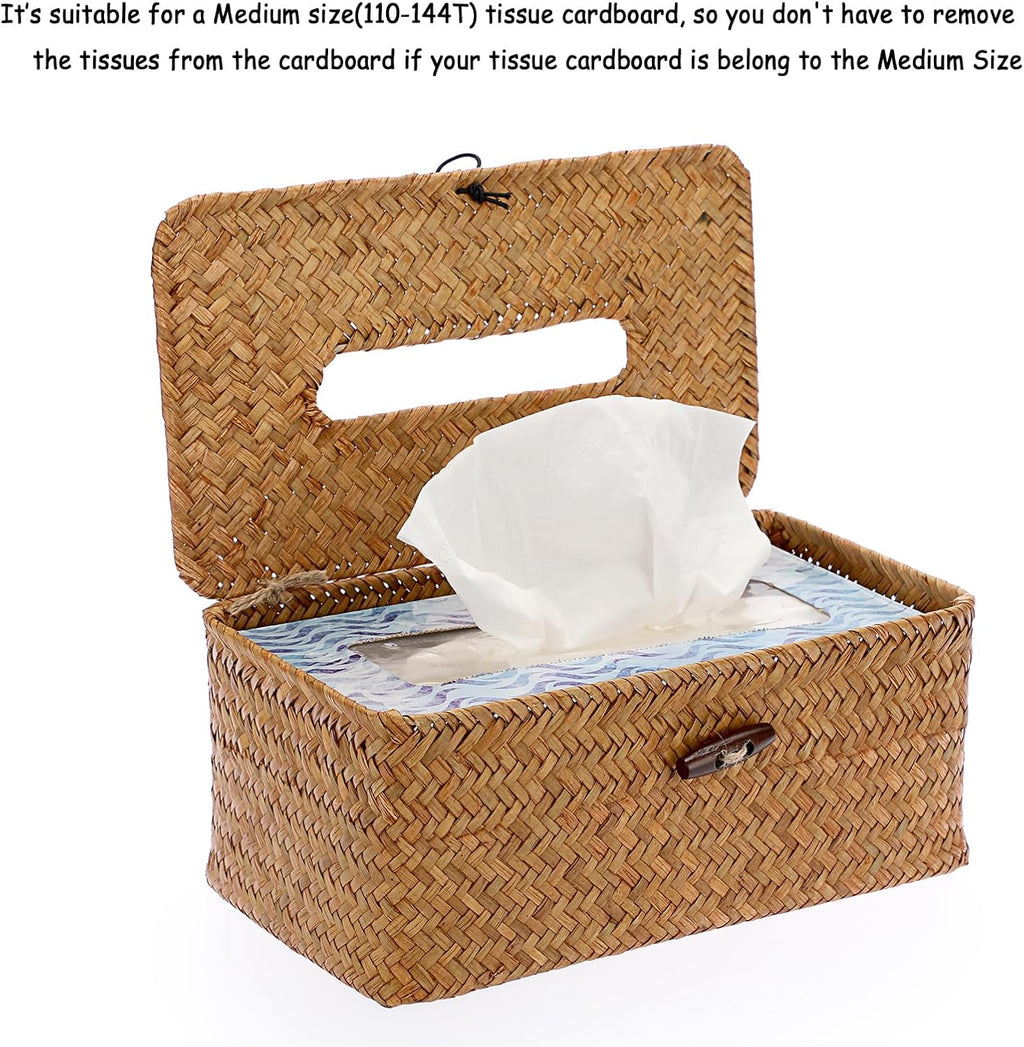 Sumnacon Tissue Box Cover Rectangle Seagrass Tissue Box Holder, Caramel,M
