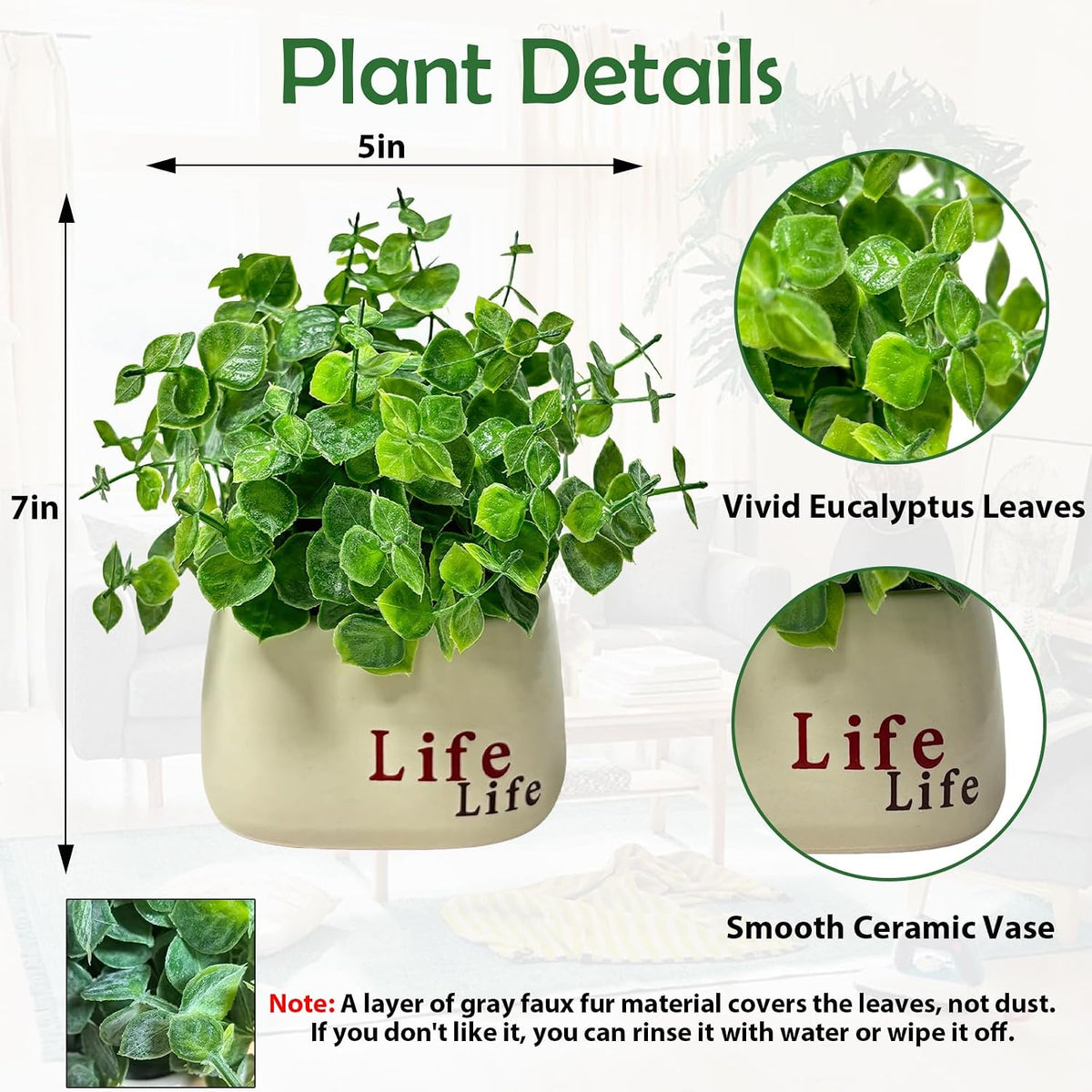 Small Fake Plant in Pot, 7" Artificial Plant Indoor, Fake Eucalyptus Stems with Ceramic Vase, Faux Greenery Eucalyptus Bathroom Decor for House Office Desk