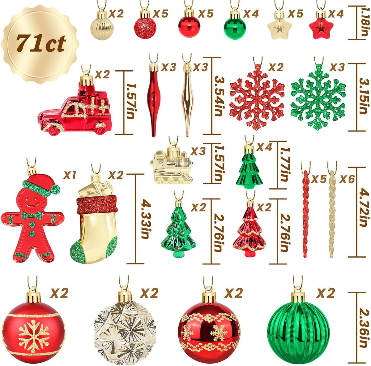 FestiveBliss Christmas Ornaments 71 Count, Red & Green