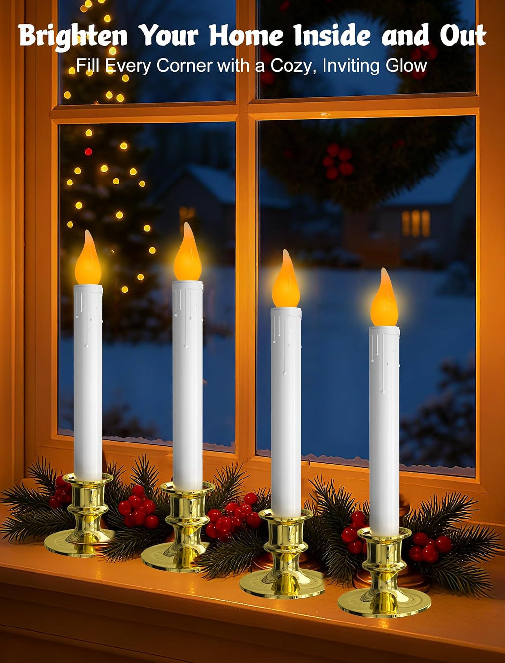 4-Pack Flameless Window Candles Battery Operated with Timer,3D Flickering Flame, Battery Operated LED Candlesticks with Suction Cups for Christmas Holiday Home Window Decor