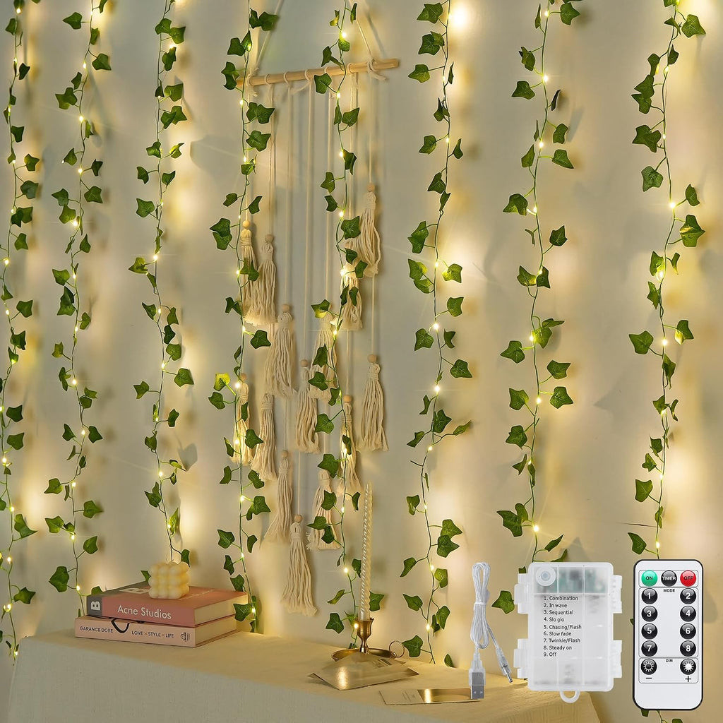 JMEXSUSS 200 LED Ivy Vine Lights, Fairy Curtain Lights USB & Battery Operated with Remote, 6.5x6.5ft Vines with Fairy String Lights for Bedroom, Dorm, Classroom, Wedding, Indoor, Outdoor Decor