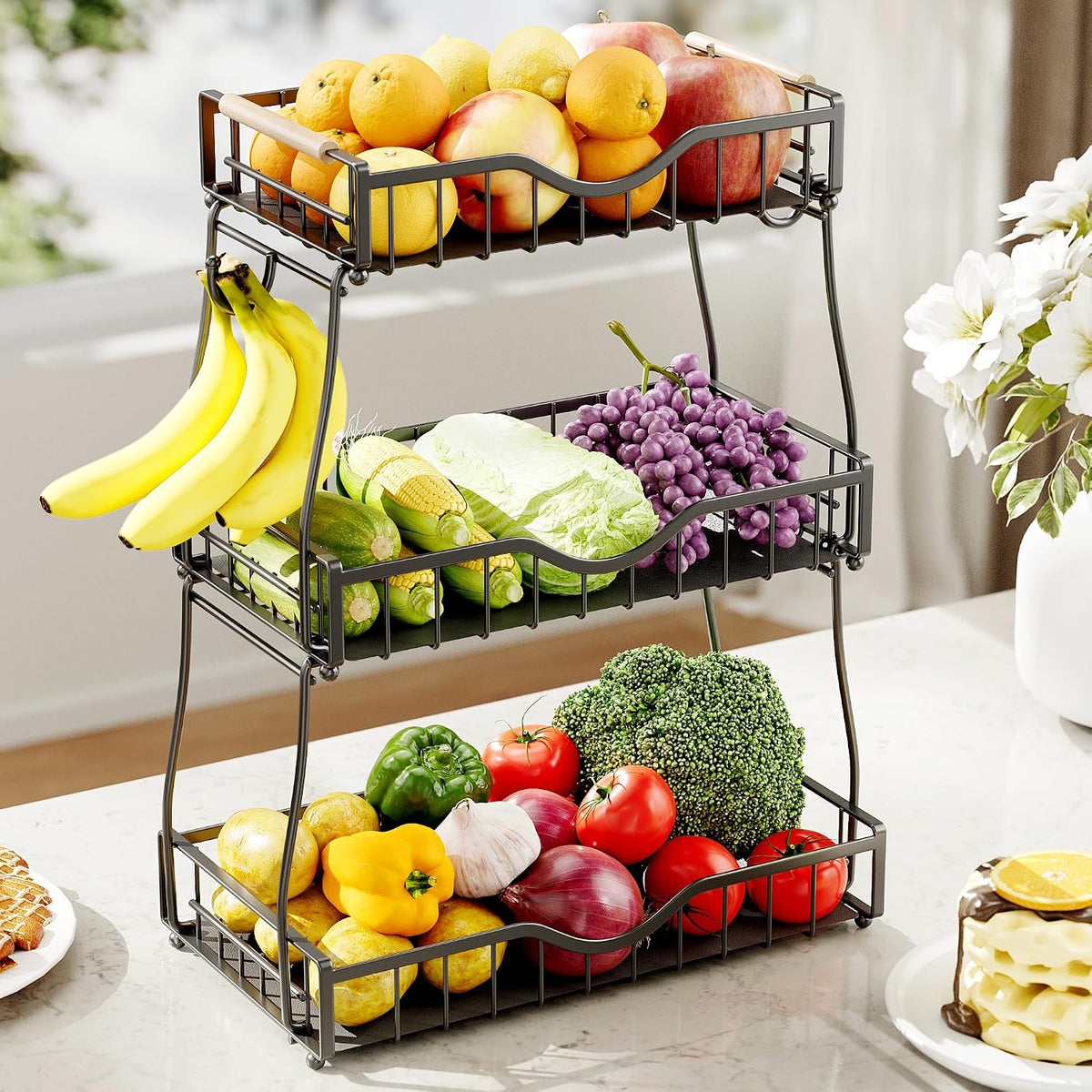 3 Tier Fruit Bowl,Fruit Basket with Banana Hangers,Black