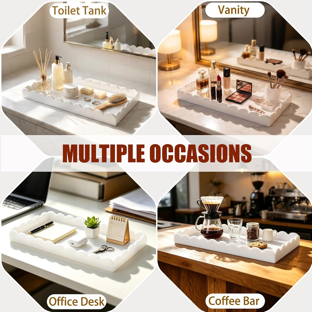 White Scalloped Acrylic Tray 5mm Thicken for Vanity Makeup,Perfume,Soap Dispenser,Napkin,12x6 Decorative Serving Tray for Bathroom,Toilet Tank, Sink Countertop,Coffee Table, Bedroom