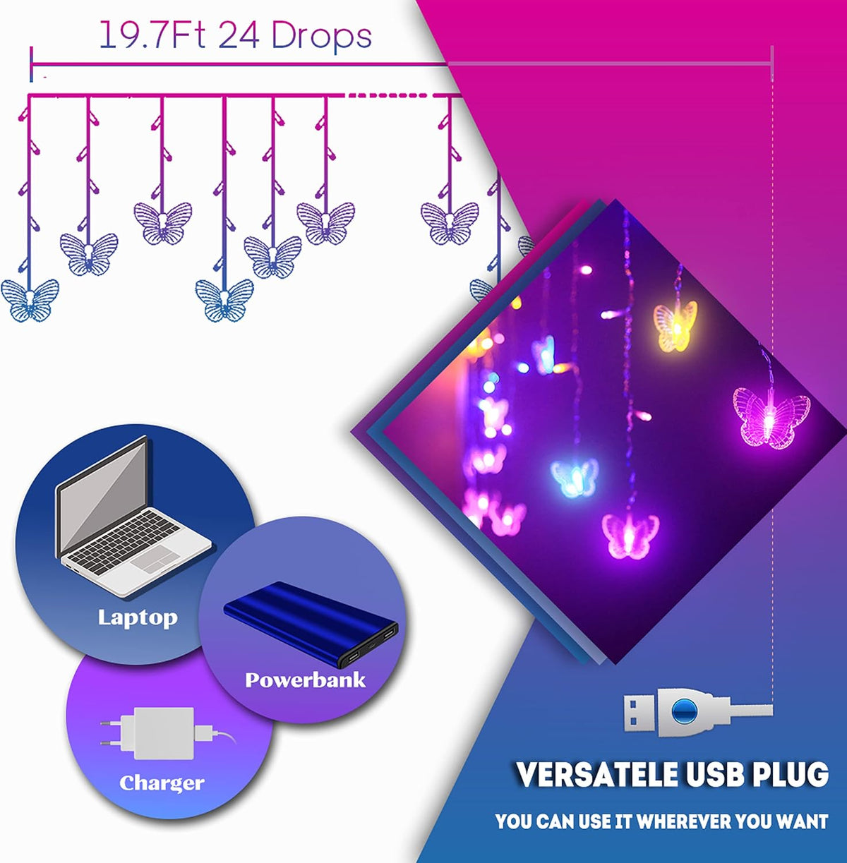 Butterfly Fairy Lights for Bedroom Curtain Ceiling Wall Decor USB Plug-in 120 Led 19.7FT Twinkle String Light with Remote, for Toddler Teen Girls and Christmas Decorations