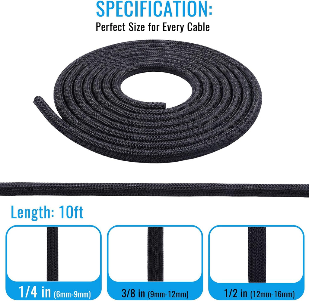 1/4" - 10Ft Split Braided Cable Sleeve, Wire Loom Tubing, Black