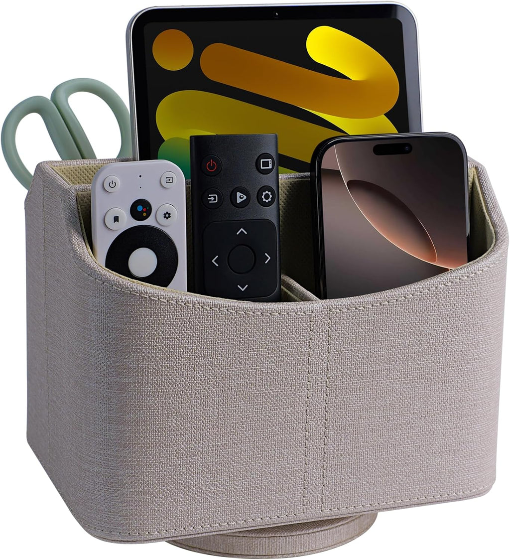 LAMOTI Remote Control Holder, 360° Rotating PU Leather Desk Organizer