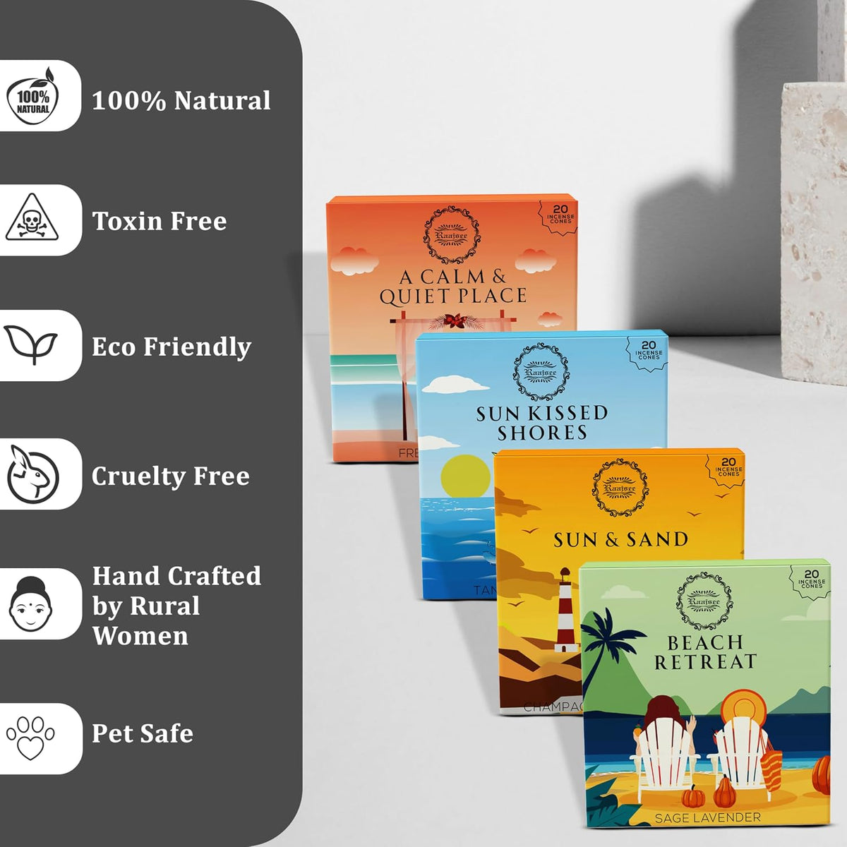 Raajsee Incense Cones, 6 Pack Island Retreat Cone Gift Pack 15 pc Each (90 Total), Insence Cones Variety Pack, 100% Organic Non Toxic Natural - Free from Chemicals
