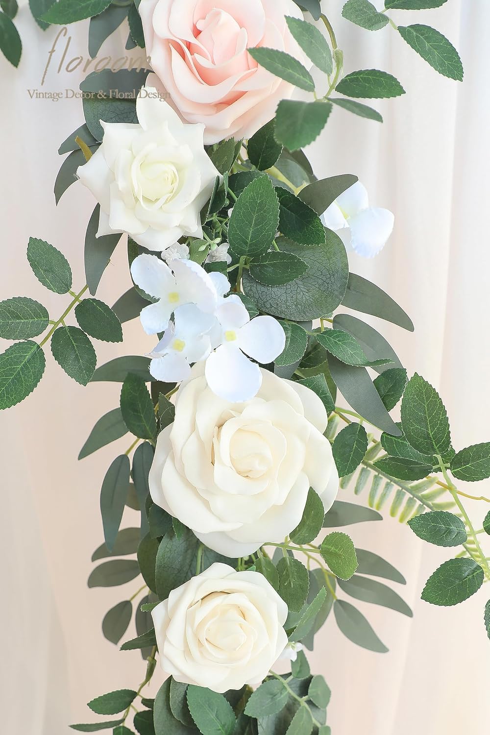 Floroom 6ft Artificial Eucalyptus Garland with Flowers Fake Greenery Faux Floral Vine Garland for Table Decor Wedding Centerpieces Bridal Shower Party Decorations, Blush Powder Blue