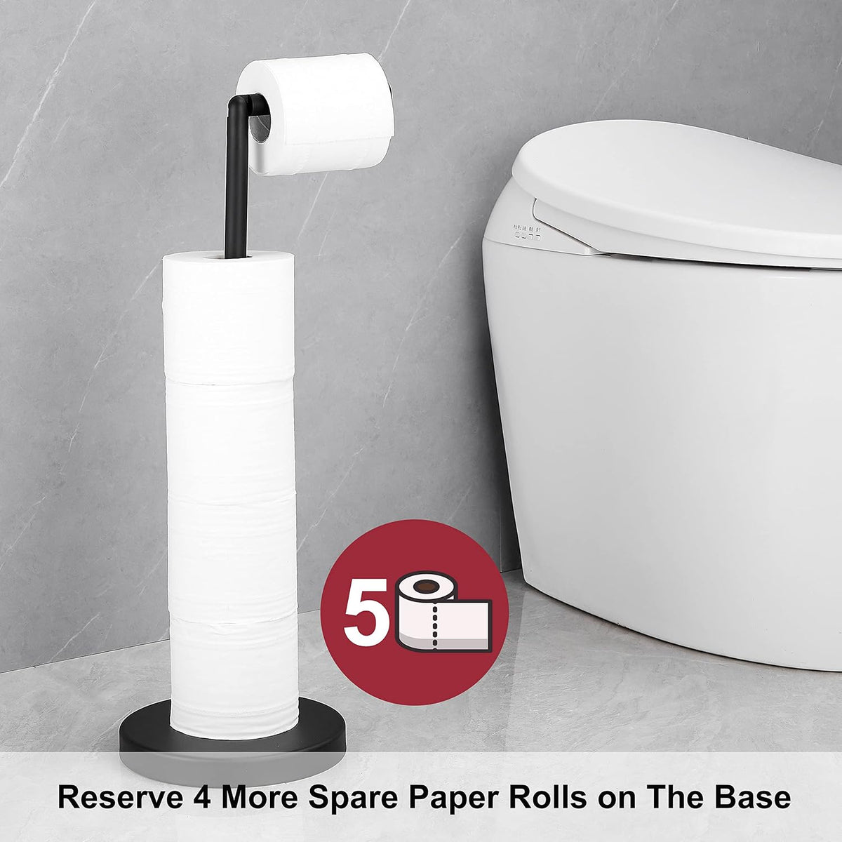 Foldable Toilet Paper Dispenser SUS304 Stainless Steel Free Standing Toilet Paper Holder Stand Modern Floor Bathroom Storage Freestanding 4 Rolls of Toilet Tissue Stand (Matte Black Finish)