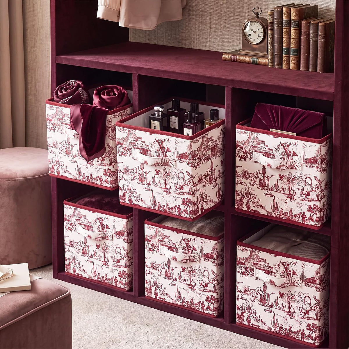 SiliFine 6 Pcs Burgundy Toile French Country Cube Storage Bins, 11 Inch