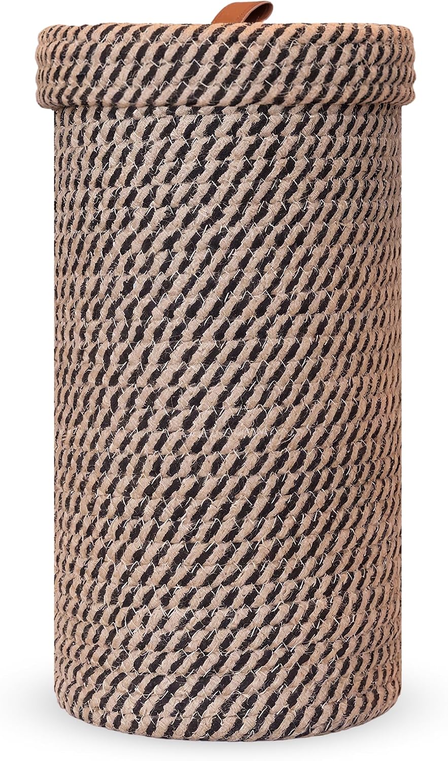 Handmade Cotton & Jute Toilet Paper Holder – Woven Toilet Paper Stand & Storage Basket with Lid, Freestanding Organizer for Bathroom, Fits 3 Mega Rolls 14" x 7''