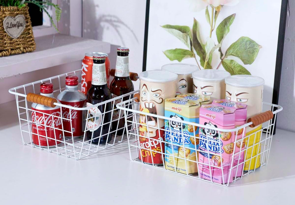 JUNCHU CHERRY Wire Kitchen Storage Basket 2 Packs,Perfect Pantry Organization Accessories Baskets,Laundry Basket,With a Wooden Handle,Suitable for Kitchen,Bathroom,Bedroom,Tabletop,Stackable,White