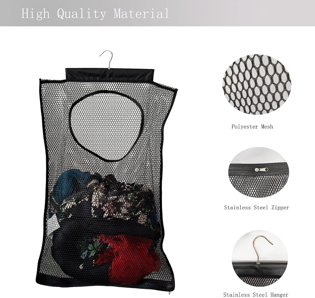 Hanging Mesh Laundry Hamper (30in*20in*2in) Large Dirty Clothes Bag, Can Be Used Behind The Door & Closet & Caravan& Bathroom (Black)