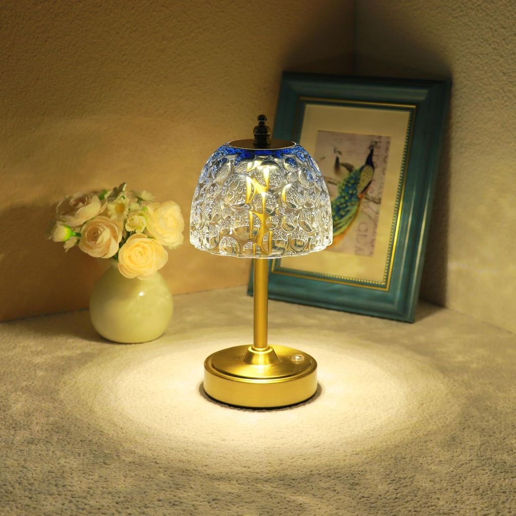 Cordless Rechargeable Table Lamp, Vintage Art Glass Shade, Dimmable, Blue